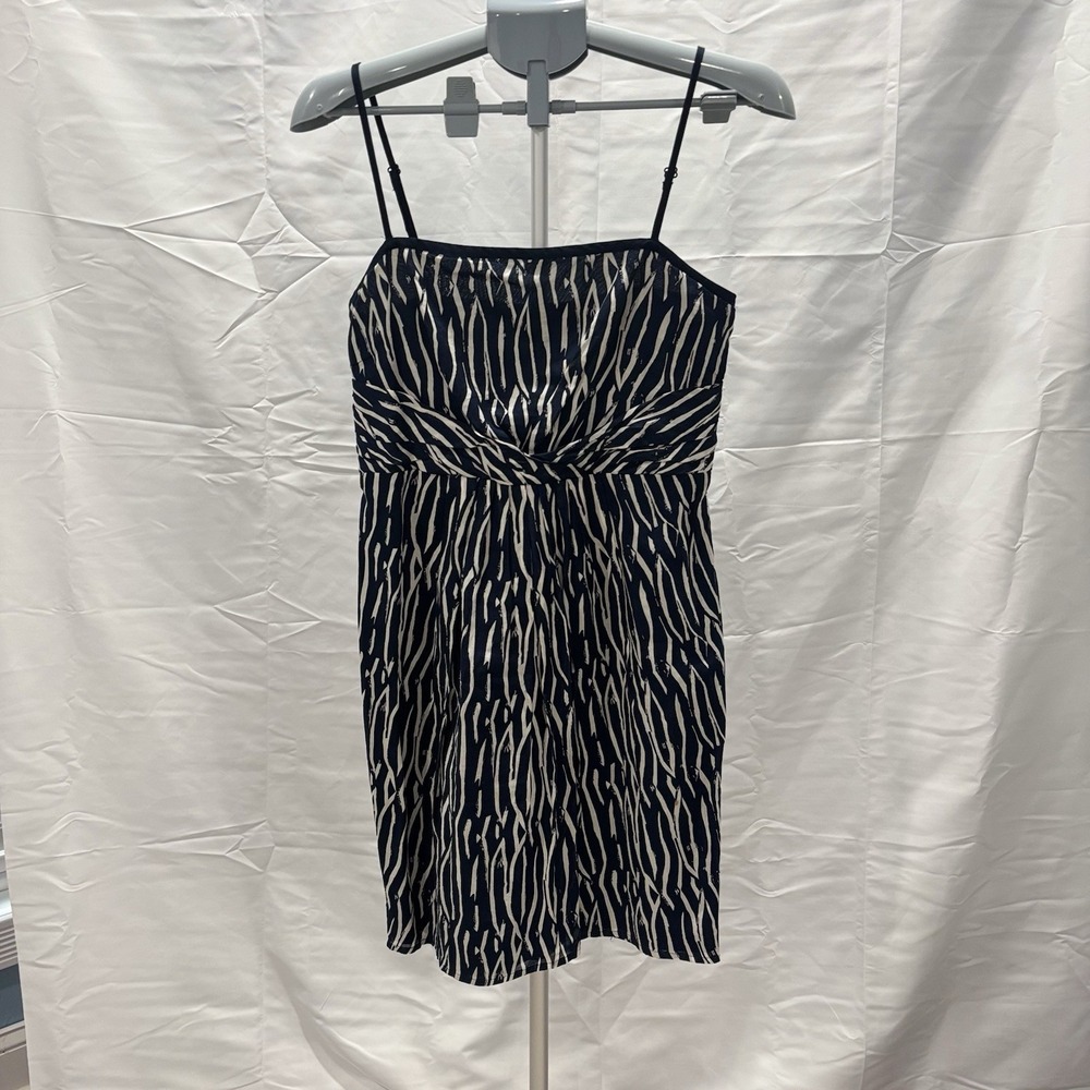 Ann Taylor Loft Womens Blue Abstract Spaghetti Strap Dress Size 4 Cotton Mini